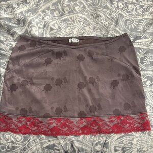 Free People Elegant Brown Skirt with Red Lace Trim